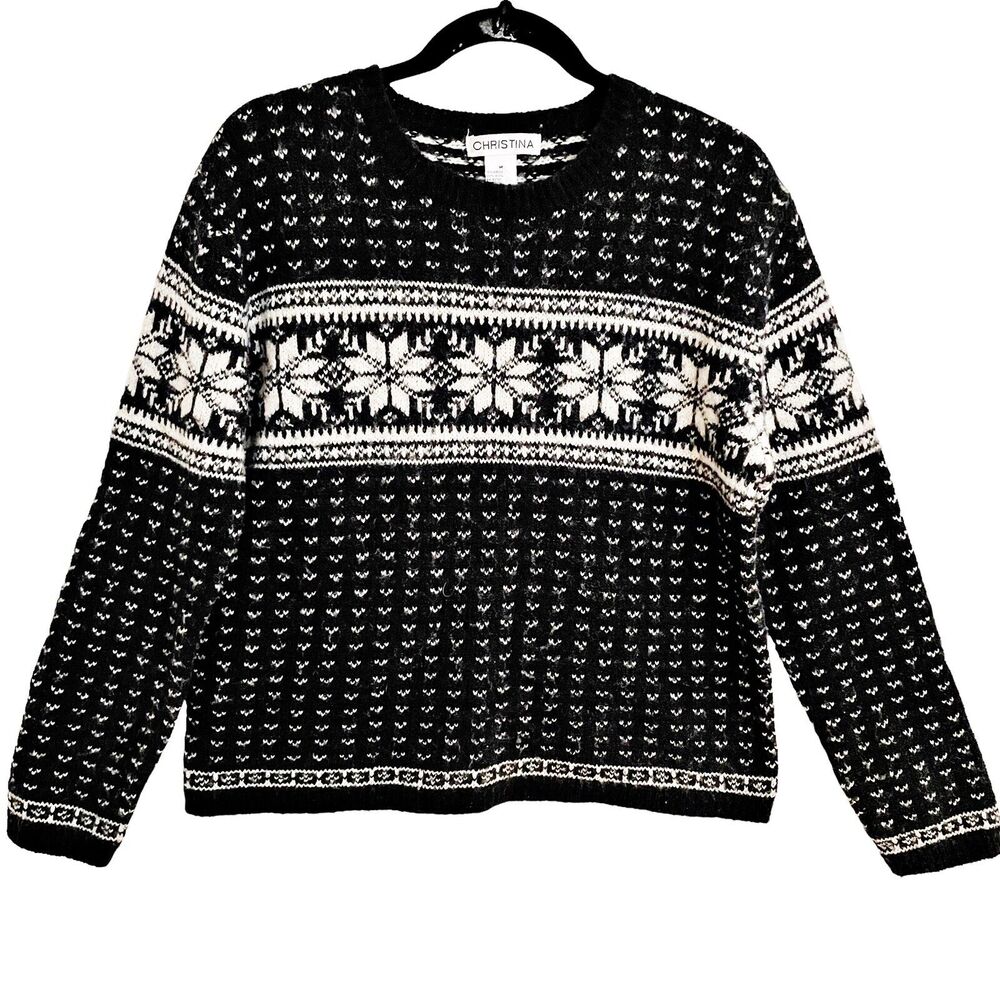 Christina Nordic Sweater Size M Black Ivory Scandinavian Wool Blend Cropped